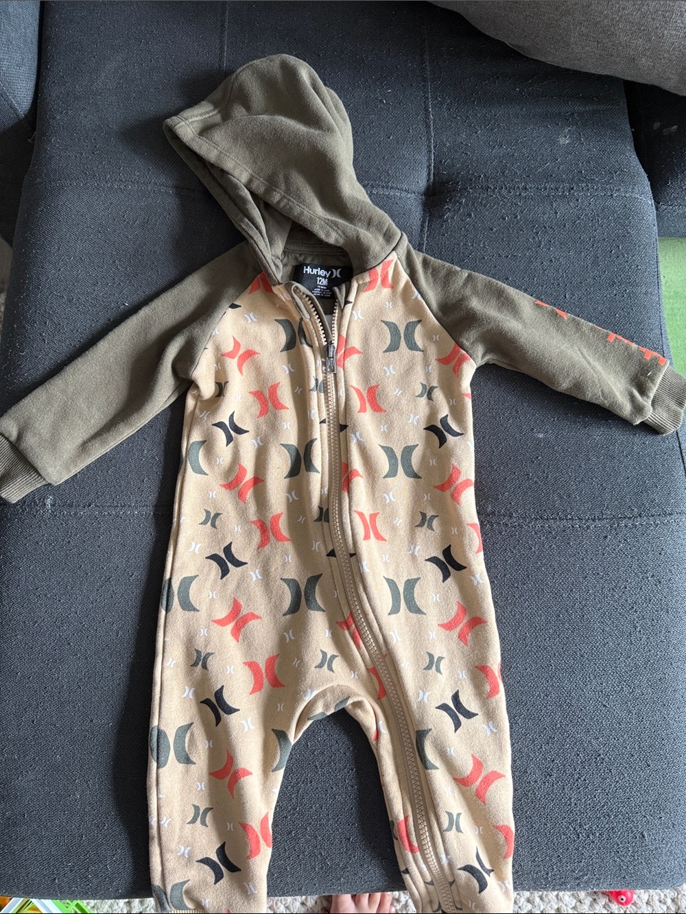 Hurley Olive & Tan Hooded Baby Onesie with Multicolor Logo Print